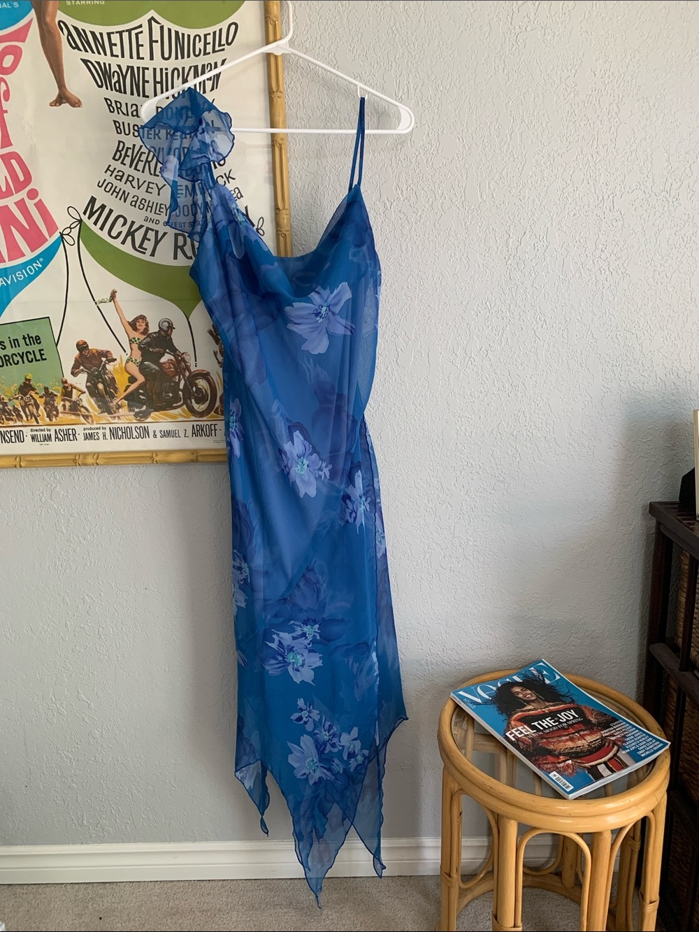 Vintage Sheer Blue Floral Handkerchief Asymmetrical Hem Dress